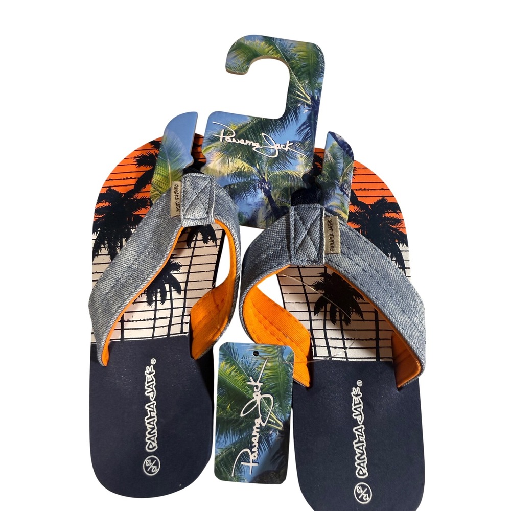 Panama Jack Kids Tropical Palm Tree Flip Flops Grey Navy FYS2160 12/13 NEW